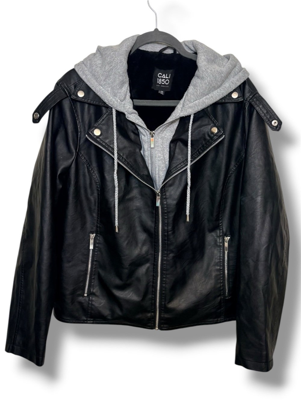 Cali 1850 Black Faux Leather Moto Jacket Hoodie Women’s Size 2X
